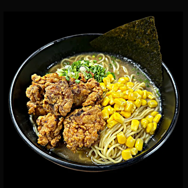 Tonyo Shoyu Adobo Ramen: karaage, sweetcorn and nori on shoyu-adobo broth